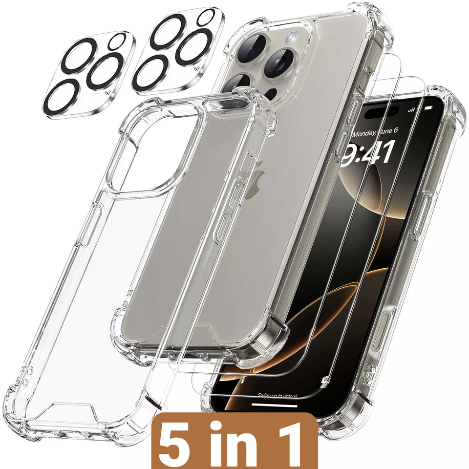 For iPhone 17 16 15 14 Pro Max Clear Shockproof Case +2*Screen +2*Lens Protector - Image 1 of 4
