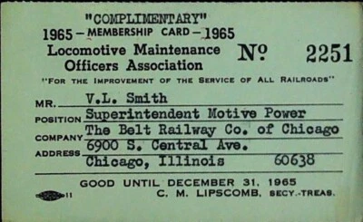 Locomotive Maintenance Officers Pass Membership Card Railroad Belt Railway 1965 - Image 1 of 2