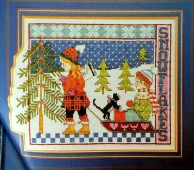 Cross Stitch Pattern SNOWFLAKES First Day of Winter Girl Sled Ice Skates Trees  - Image 1 of 4
