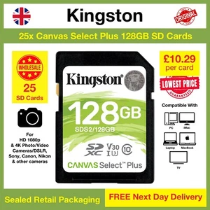 25x Kingston Canvas Select Plus 128GB SD Memory Card, SDS2/128GB Wholesale - Picture 1 of 5