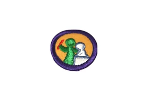 Vintage Girl Scout Patch Yellow with Green White People Purple Embroidery Border - Picture 1 of 2