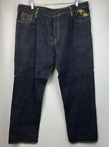 RMC Red Monkey Jeans Blue Yellow Embroidered Design Pockets Button Fly Sz 46 NEW - Picture 1 of 13