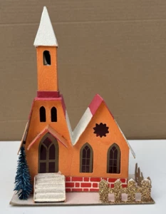 Putz House Orange Church w/ Red Brick, Glitter, Bell, Tree Christmas Vtg Japan - Bild 1 von 16
