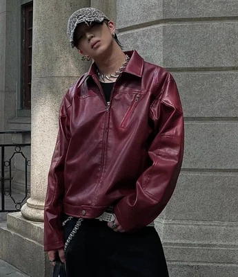 复古皮革夹克红色柔软正品羊皮皮革超大夹克男式 — 第 1/4 张图片