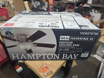 Hampton Bay Hawkins III 44 in. LED Indoor Brushed Nickel Flush Mount Ceiling Fan - Image 1 of 2