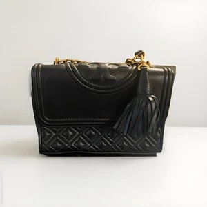 Tory Burch Fleming Leather Convertible Shoulder Bag Crossbody Black Quilted - Picture 1 of 7