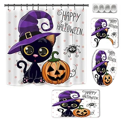 Feliz Halloween Gato Negro Bruja Cortina de Ducha Juego de 16 Piezas con Tapetes Tapa Cubierta Ganchos Foto 1 de 4