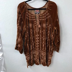 Top túnica de terciopelo bordado Johnny Was para mujer 2XL marrón rayón/seda - Imagen 1 de 8