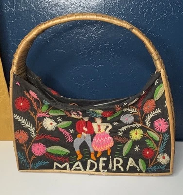 Bolso de mano vintage boho bordado a mano flores mimbre decoración Foto 1 de 4