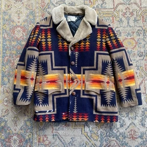 Vintage 70s Pendleton Aztec Jacket Size 44 Large Southwestern Wool Shawl Collar - Picture 1 of 19