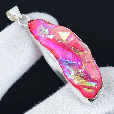 Pink Titanium Quartz 925 Silver Plated Handmade Pendant of 2.4" - Image 1 of 3