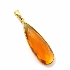Citrine Quartz Bezel Gemstone with Bail- Gold Vermeil Elongated Teardrop -40mm - Picture 1 of 6