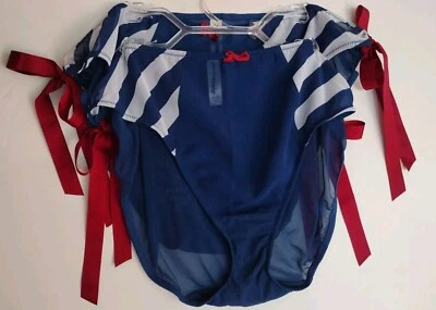 2 BRAGAS BIKINI CACIQUE 26/28 MALLA TRANSPARENTE Y GASA BLANCO AZUL RAYAS ROJO LAZO... Foto 1 de 4