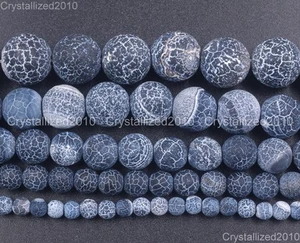 Matte Frosted Black Fire Crackle Agate Gemstones Round Beads 6mm 8mm 10mm 15" - Picture 1 of 15