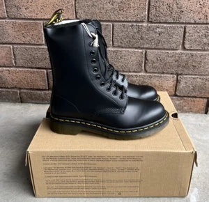 Dr Martens 1490 Smooth Boots Women US 7 Black Leather Lace Up 10 Eye New - Picture 1 of 10
