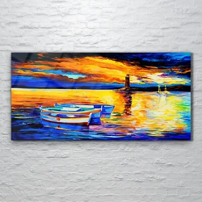 Glasbilder Wandbild Druck auf Glas 120x60 Boote Wasser Leuchtturm farbenfroh - Bild 1 von 4