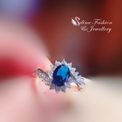 18K White Gold Plated Cubic Zirconia  Oval Crossover Sunflower Royal Blue Ring - Image 1 of 4