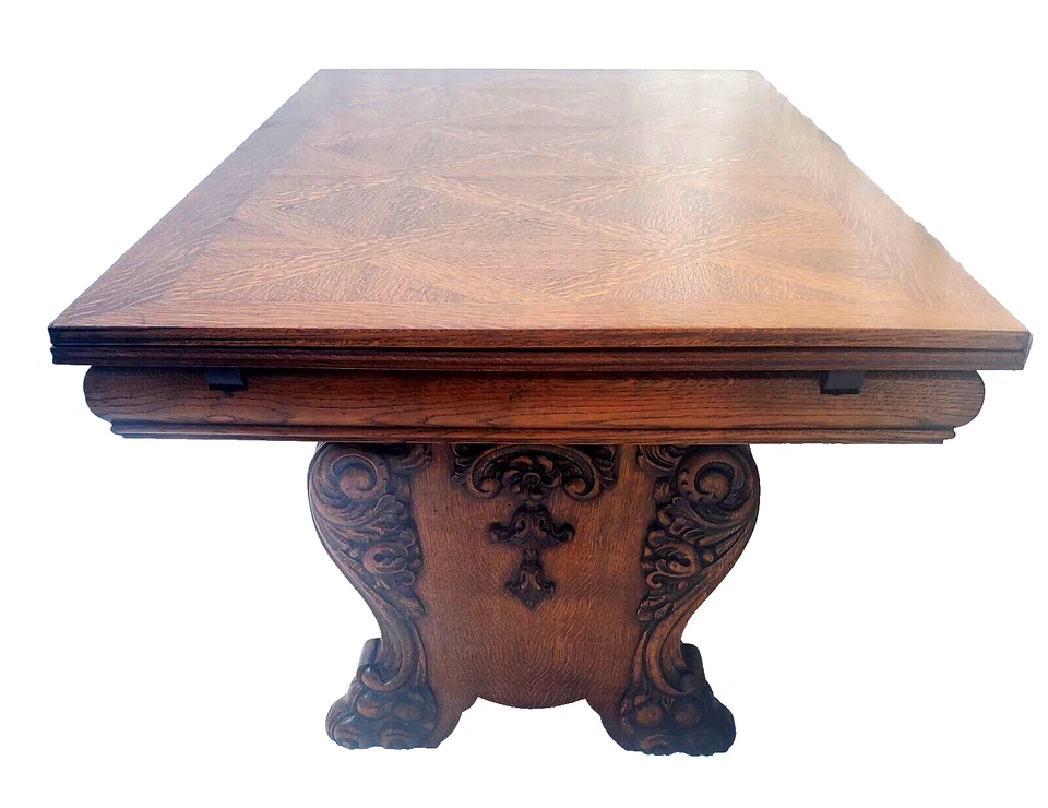 Антикварный декоративный резной дубовый обеденный стол 1930-х годов с когтями и ножками - Изображение 1 из 4