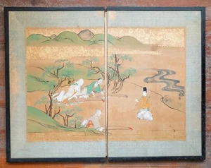 Figuras antiguas japonesas de pantalla de mesa plegable de dos paneles Meiji - Imagen 1 de 13