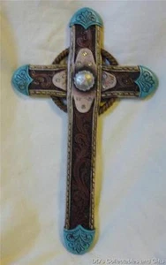 Tooled Leather and Rope Cross Made of Polyresin, Western Look - Picture 1 of 1
