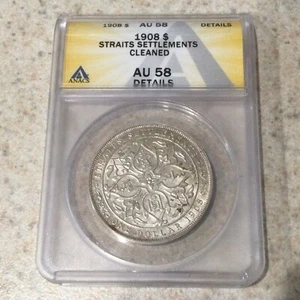 1908 Straits Settlements Dollar $1 - Certified ANACS AU58 Details - Picture 1 of 2