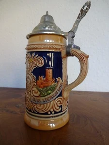 Bierkrug mit Zinndeckel/ Freilassing "Froh beim Bier, das lieben wir" Gerz - Bild 1 von 7