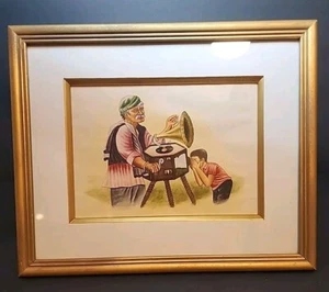 Antique Art Gypsy Man Playing Phonograph While Boy Peers Inside Nailed Shut... - Picture 1 of 9