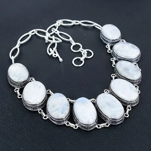 Rainbow Moonstone Oval Gemstone 925 Sterling Silver Vintage Necklace 18" VJ 864 - Picture 1 of 5