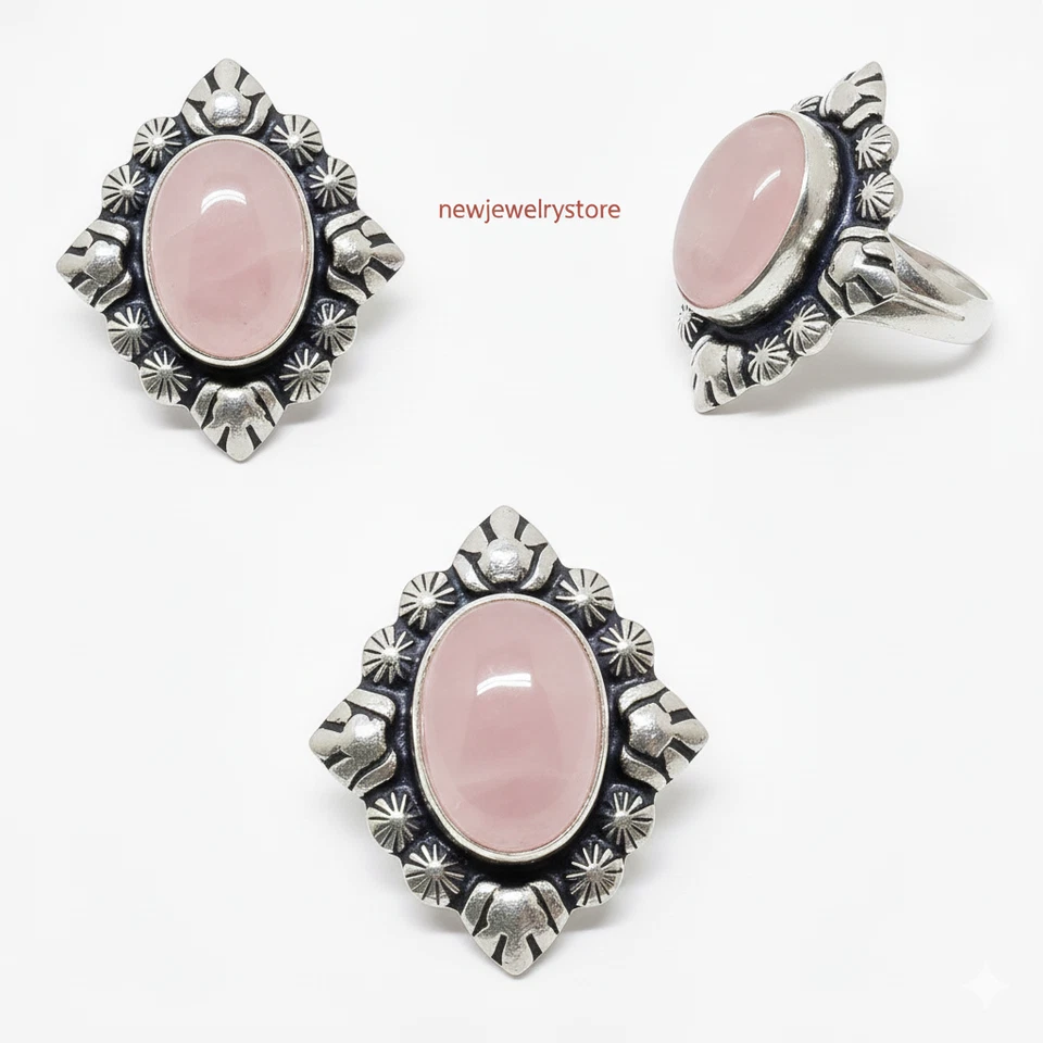 Rose Quartz Gemstone 925 Sterling Silver Jewelry All Size Ring For Gift - Image 1 of 1