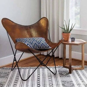 Vintage Home Decore Butterfly Chair Leather Brown Handmade With Stand - Picture 1 of 5