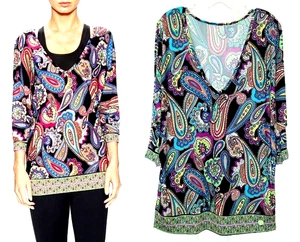Trina Turk Womens L Paisley V-neck 3/4 Sleeve Stretchy Knit Pullover Tunic Top - Picture 1 of 14