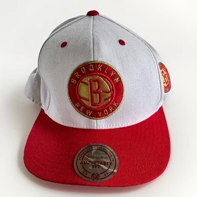 Mitchell & Ness Brooklyn Nets Blanco Rojo Ajustable Snapback Gorra Gorra Dorado Foto 1 de 4