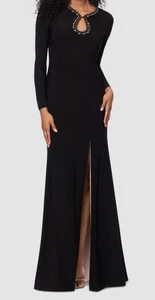 XSCAPE Women's Black Embellished Keyhole-Neck Long-Sleeve Gown Dress Sz 10 - Picture 1 of 2
