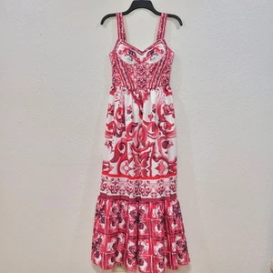 Nwt Sunfere Sz M Sibyl Printed Shirred Strap Maxi Dress Red White Mekko - Picture 1 of 7
