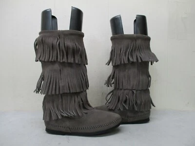 Minnetonka Gray Suede Leather Triple Fringe Mid Calf Boots Size 6 Style 1631T - Image 1 of 4