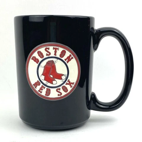 MLB Officially Licensed BOSTON RED SOX 15oz Black Coffee Mug Cup Metal Logo Tag Cover