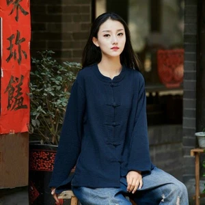Women Cotton Linen Blouse Chinese Frog Button Shirt Kungfu Taichi Costume - Picture 1 of 16