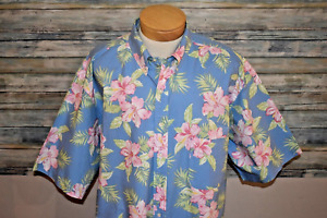 RALPH LAUREN 3XLT TALL Men's S/S Cotton Hawaiian Shirt Blue Pink Floral