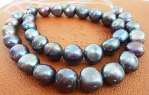 Huge 17"12-14mm South Sea Genuine Black Flat Round Pearl Necklace - Picture 1 of 2