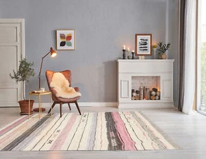 Alfombra LoomBloom 5'3" x 7'7" Marfil Tejida a Mano Bohemia Kilim Tejido Plano Lana - Imagen 1 de 7