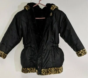 Big Chill Girls Jacket L/6X Black with Animal Print Trim Hood Reversible Warm - Picture 1 of 10
