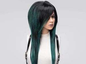 Peluca Emo Negra Verde Larga, Peluca Escena Alternativa, Peluca Peluda en Capas Golpes Laterales - Imagen 1 de 9