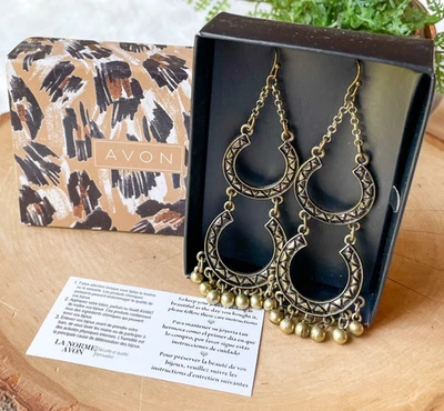 Avon Two Tier Chandelier Earrings Antique Gold BOHO Chunky Statement NEW 2018 - Image 1 of 3