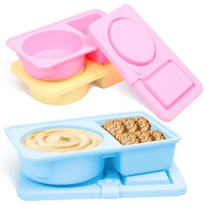 3 Pack Silicone Reusable Snack Containers with Lids, Cute Double Compartment ... - Image 1 of 4