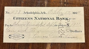 Citizens National Bank Arkadelphia Ark. Cheque cancelado con fecha 17/10/1924 - Imagen 1 de 2