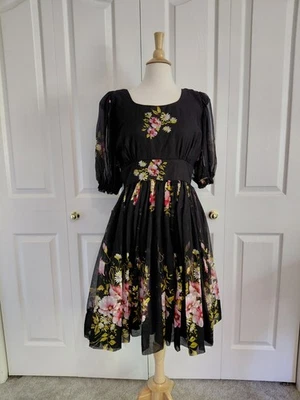 Vestido de dança quadrado ocidental floral chiffon preto vintage década de 1970 grande - Imagem 1 de 4