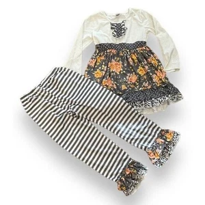 Dash of Glitter Girls M Floral Stripe Ruffle Shirt Pant Outfit White Gray - Picture 1 of 5