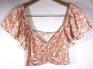 Zara Crop Top Cottagecore Floral Smocked Back Ruched Front Ruffle Sleeves Size S - Picture 1 of 9