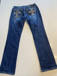 Pantalones de mezclilla Miss Me para mujer 29 azul firma ajustados cruces plumadas Bikercore Bling - Imagen 1 de 7