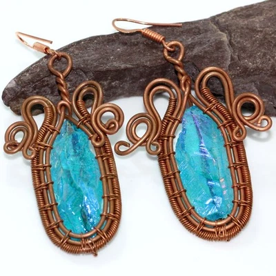 Copper Wire-Wrapped Blue Titanium Aura Quartz Rough Earrings 2.7" GW - Image 1 of 3